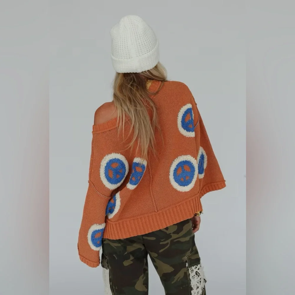 Three Bird Nest • Orange & Blue Chenille Peace Sign V Neck Sweater • Oversized - Picture 8 of 10